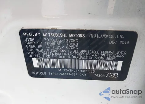2019 Mitsubishi Mirage Es from USA, damaged, VIN ML32A3HJ4KH005536